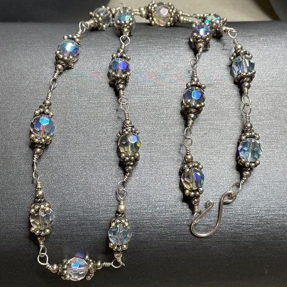 Wonderful AB faceted Glass & Sterling Silver 20” Necklace Hook Clasp Beautiful - Picture 7 of 8